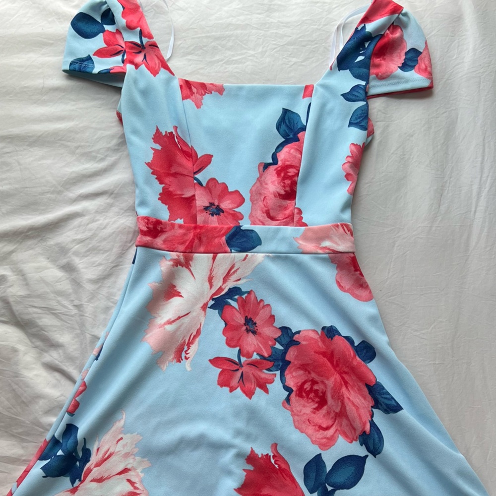 Sky blue sun dress with pink and blue flowers